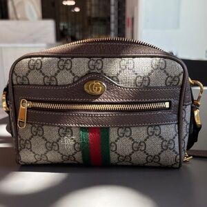 Gucci Brown/Beige GG Canvas Crossbody with Green-Red Web Stripe